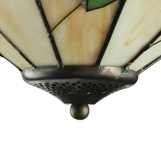 Rustic Stained Glass Flush Ceiling Light: Green Leaf Decoration, 3 Lights - Foyer Lighting