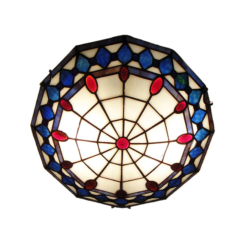 Vintage Tiffany Style Stained Glass Flush Ceiling Light - 3 Lights, Art Deco Design, Rhombus Pattern