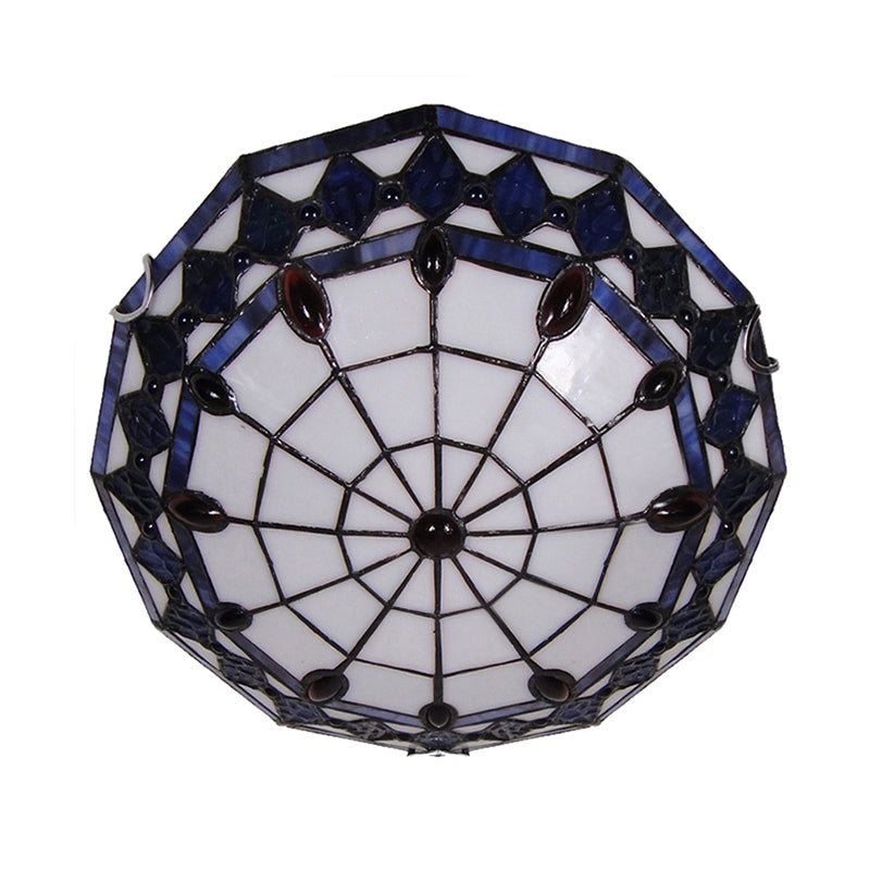 Vintage Tiffany Style Stained Glass Flush Ceiling Light - 3 Lights, Art Deco Design, Rhombus Pattern