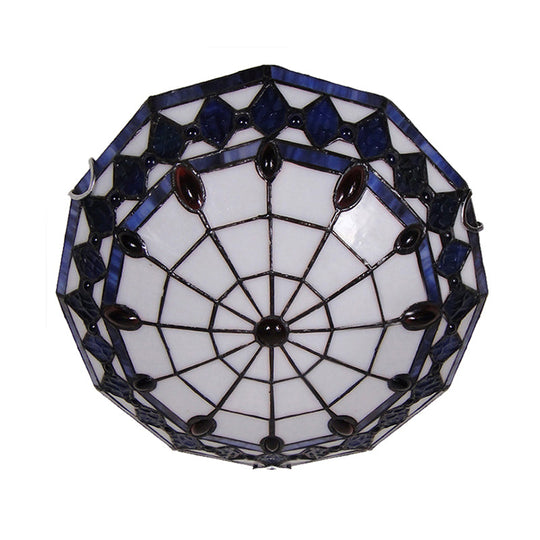 Vintage Tiffany Style Stained Glass Flush Ceiling Light - 3 Lights, Art Deco Design, Rhombus Pattern