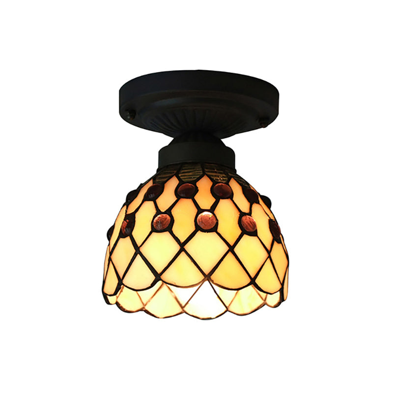 Retro-Style Cup Shade Semi Flush Mount Ceiling Light - Purple/Beige Glass Fixture with Jewel Pattern and 1 Light