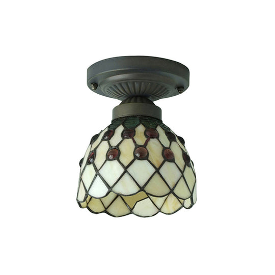 Retro-Style Cup Shade Semi Flush Mount Ceiling Light - Purple/Beige Glass Fixture with Jewel Pattern and 1 Light