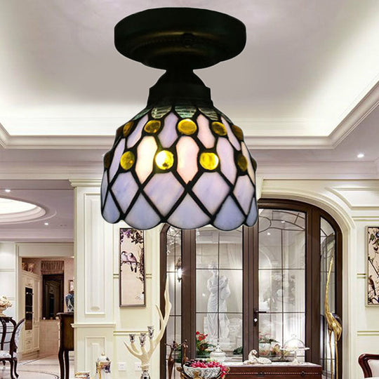 Retro-Style Cup Shade Semi Flush Mount Ceiling Light - Purple/Beige Glass Fixture With Jewel Pattern