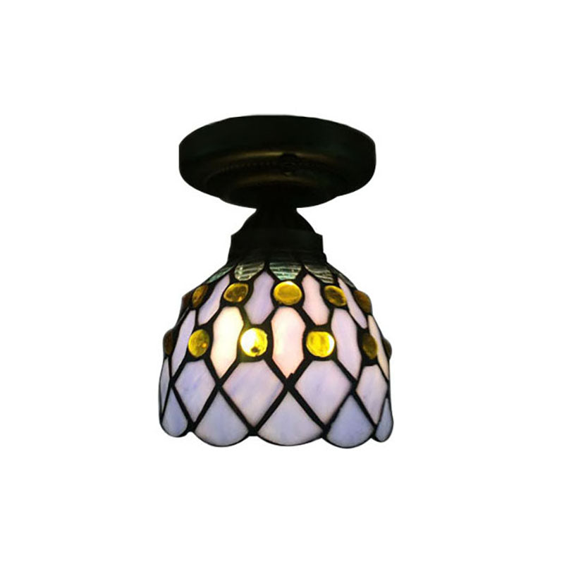 Retro Style Purple/Beige Glass Ceiling Light Fixture With Jewel Pattern - Cup Shade Semi Flush Mount