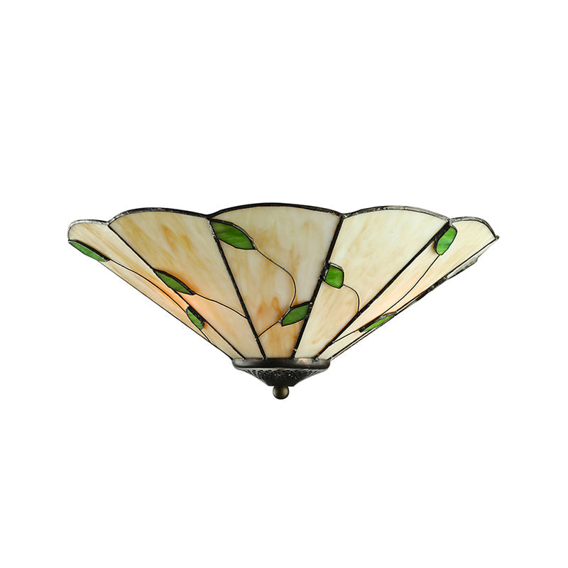 Tiffany Stained Glass Ceiling Light with Geometric Design and Leaf Theme (3 Lights, White/Beige Flush Mount)