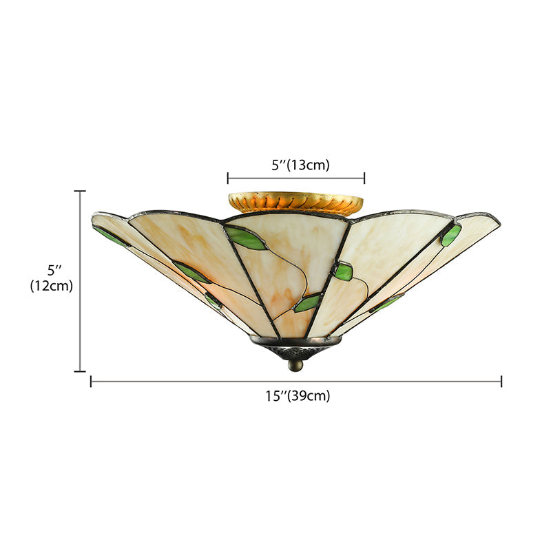 Tiffany Stained Glass Ceiling Light with Geometric Design and Leaf Theme (3 Lights, White/Beige Flush Mount)