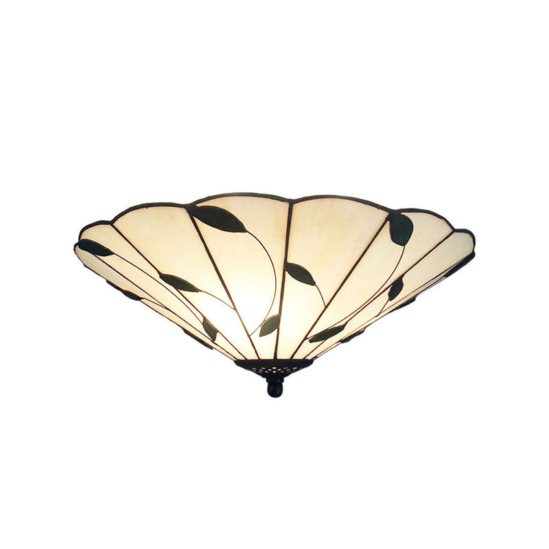 Tiffany Stained Glass Ceiling Light with Geometric Design and Leaf Theme (3 Lights, White/Beige Flush Mount)