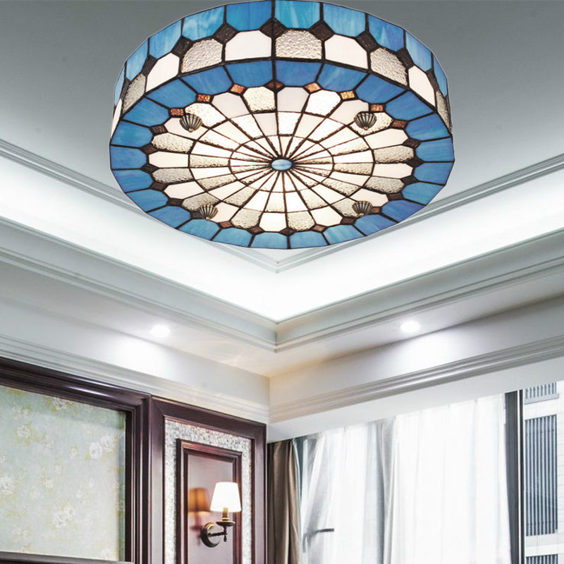 Tiffany Style Stained Glass Round Ceiling Light Fixture - Blue 16/23.5 Flushmount With 3/4 Lights