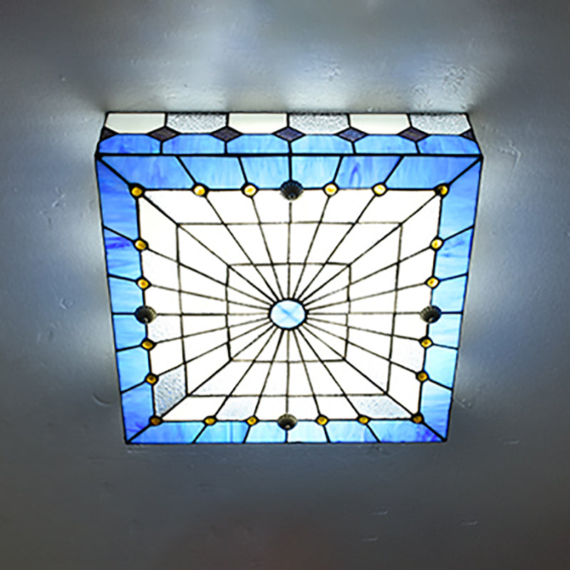 Blue Tiffany Style Stained Glass Flushmount Light - 1 Fixture For Dining Room (12/16 W)