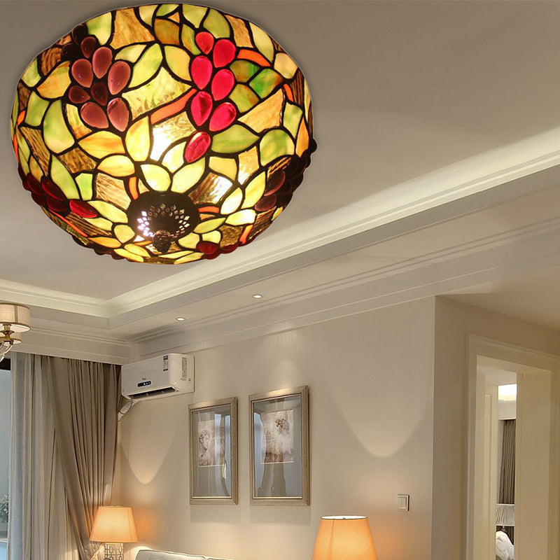 2-Light Stained Glass Grape Ceiling Flushmount for Bedroom Lighting in Lodge Style