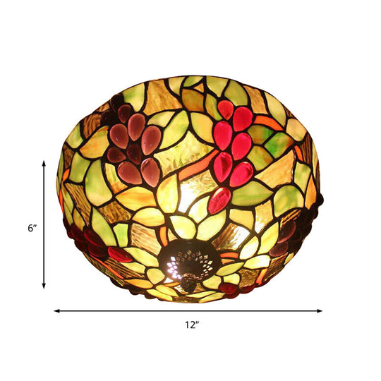 2-Light Stained Glass Grape Ceiling Flushmount for Bedroom Lighting in Lodge Style