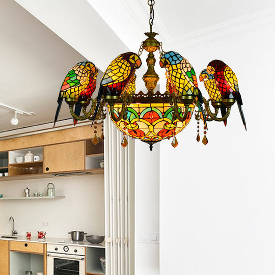 Vintage Rustic Parrot Chandelier with 9 Stained Glass Shades, Yellow for Villa