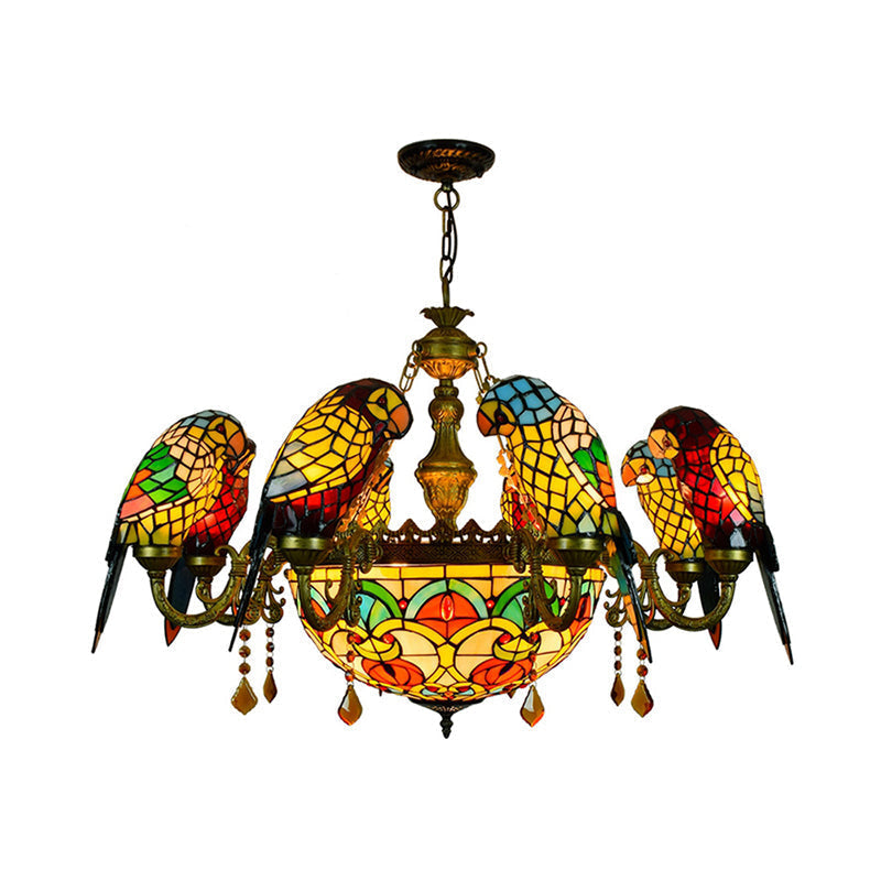 9-Light Parrot Armed Rustic Stained Glass Chandelier In Yellow For Villa