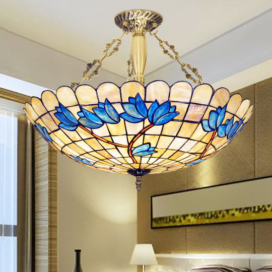 Vintage Stained Glass Ceiling Light Fixture - 4-Light Semi Flush Mount for Dining Room, Tulip Pattern