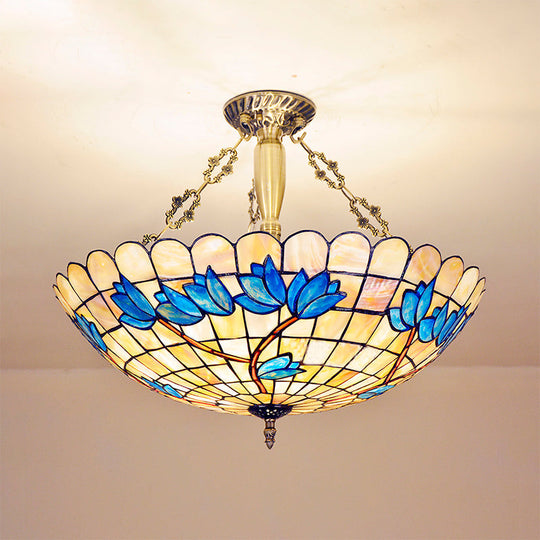 Vintage Stained Glass Ceiling Light Fixture - 4-Light Semi Flush Mount for Dining Room, Tulip Pattern