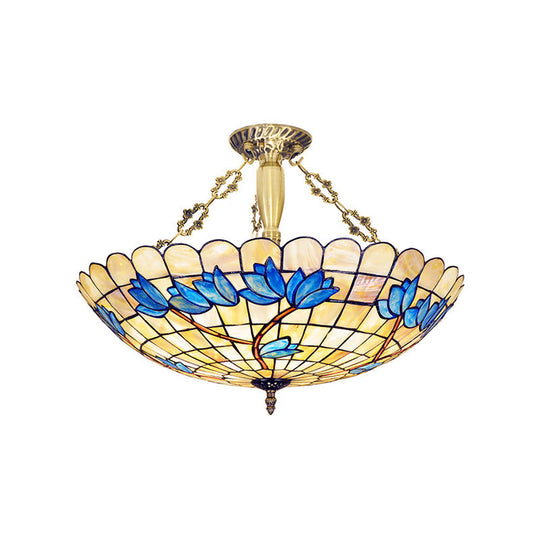 Vintage Stained Glass Ceiling Light Fixture - 4-Light Semi Flush Mount for Dining Room, Tulip Pattern