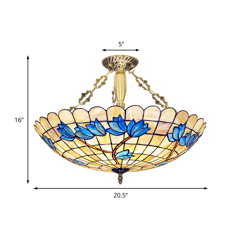 Vintage Stained Glass Ceiling Light Fixture - 4-Light Semi Flush Mount for Dining Room, Tulip Pattern