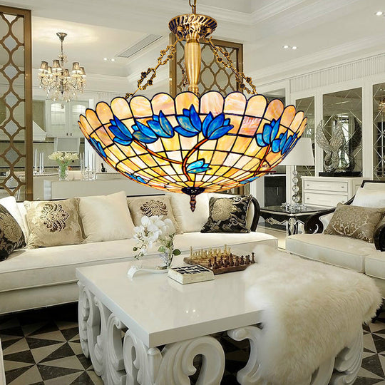 Scalloped Stained Glass Tulip Semi Flush Mount with 4 Heads for Living Room