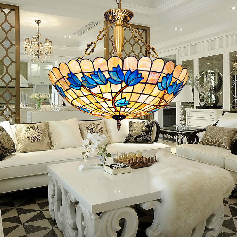 Scalloped Edge Stained Glass Tulip Semi Flush Mount With 4 Heads For Living Room Beige