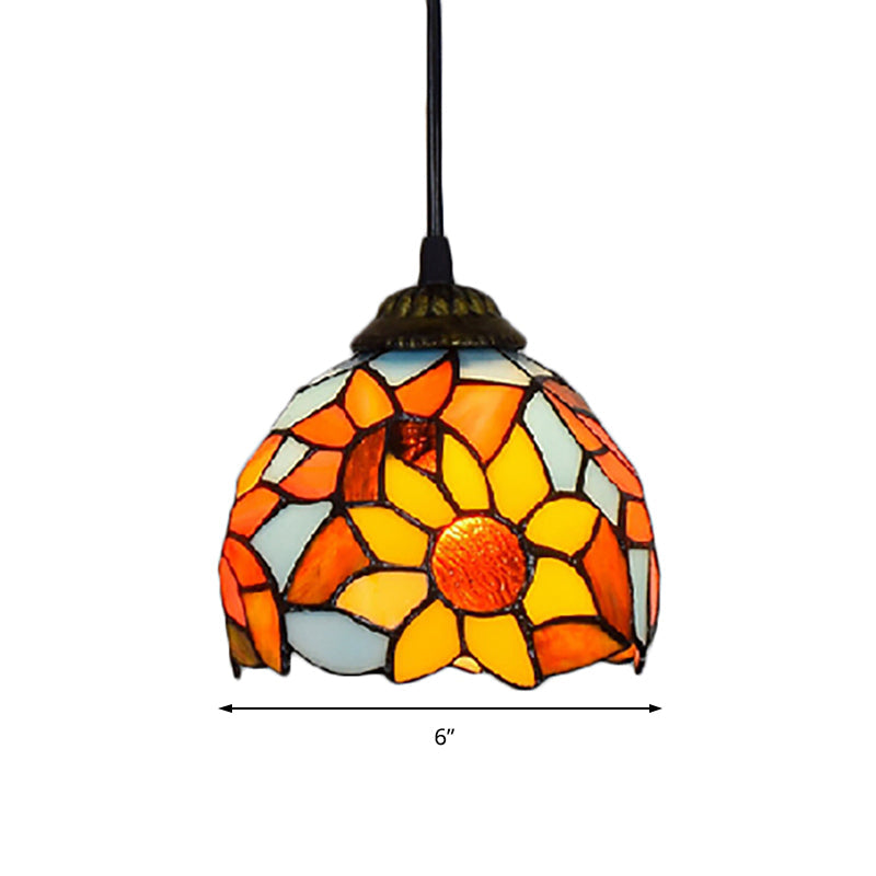 Bronze Sunflower Pendant Light Tiffany Stained Glass Hanging Ceiling Lamp