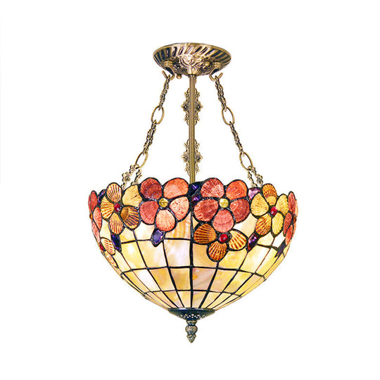 Retro Stained Glass Ceiling Fixture - Bowl Design With 3 Heads For Bedroom Lighting