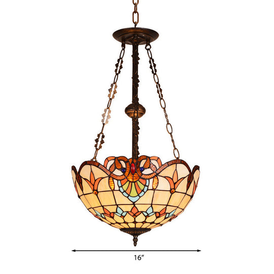 Retro Stained Glass Bowl Ceiling Light with 3 Heads for Bedroom Lighting