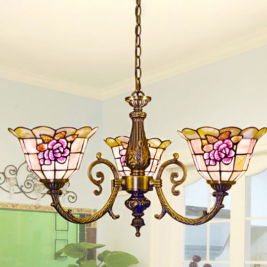 Retro Stained Glass Chandelier - Bell Shaped Hanging Lamp with 3 Flower Heads, Chain Included - Ideal for Bedroom Lighting