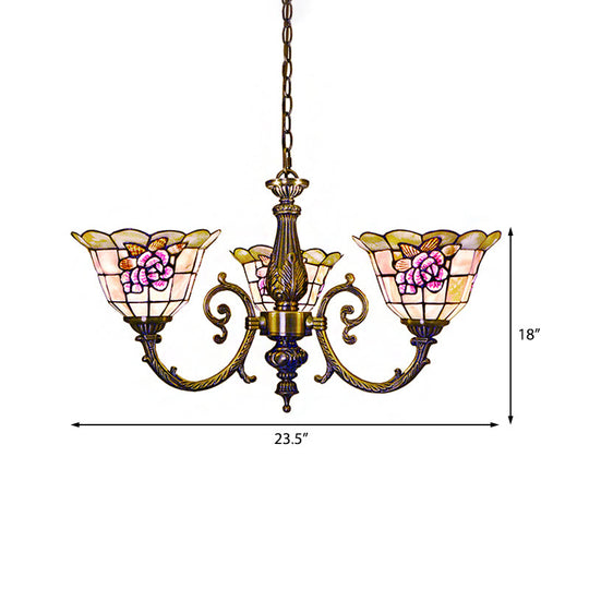 Retro Style Stained Glass Flower Chandelier Light Bell Shape 3 Heads Chain Included Perfect For