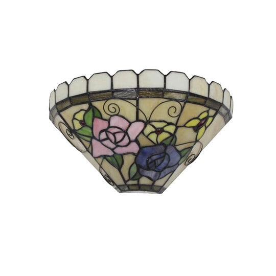 Beige Cone Wall Sconce With Floral Stained Glass - Elegant Butterfly Design