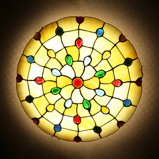 Rustic Loft Stained Glass Flush Mount Light in Beige/Yellow - 12"/16"/19.5" Diameter - Bedroom Ceiling Fixture with Jewel Decoration