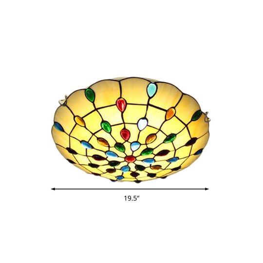 Rustic Loft Stained Glass Flush Mount Light in Beige/Yellow - 12"/16"/19.5" Diameter - Bedroom Ceiling Fixture with Jewel Decoration