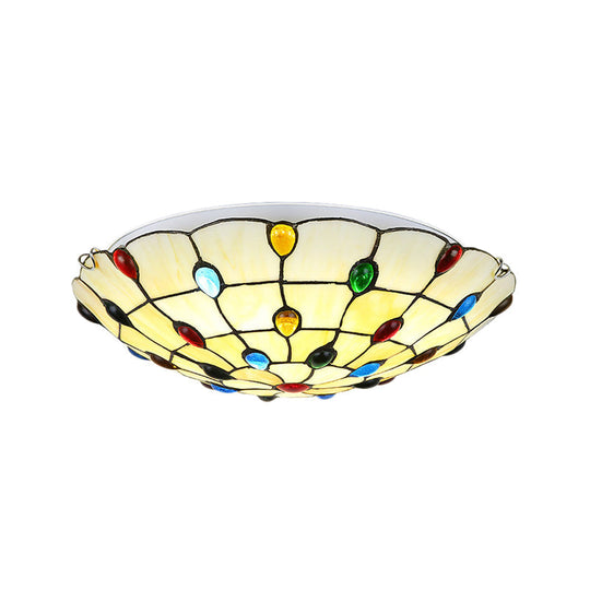 Rustic Loft Stained Glass Flush Mount Light in Beige/Yellow - 12"/16"/19.5" Diameter - Bedroom Ceiling Fixture with Jewel Decoration