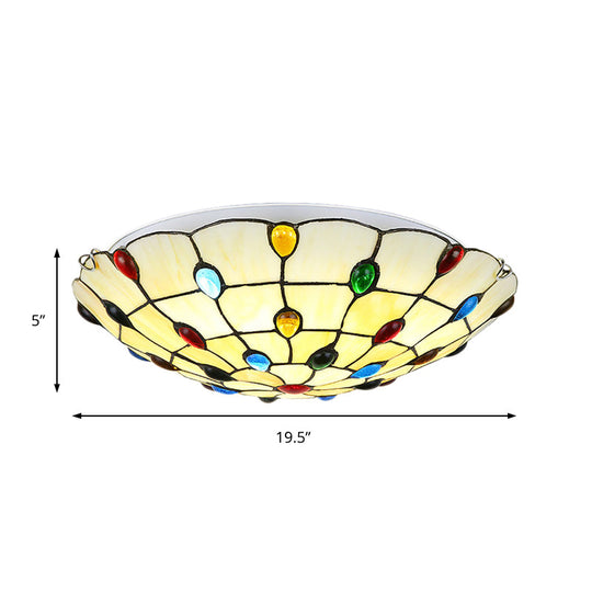 Rustic Loft Stained Glass Flush Mount Light in Beige/Yellow - 12"/16"/19.5" Diameter - Bedroom Ceiling Fixture with Jewel Decoration