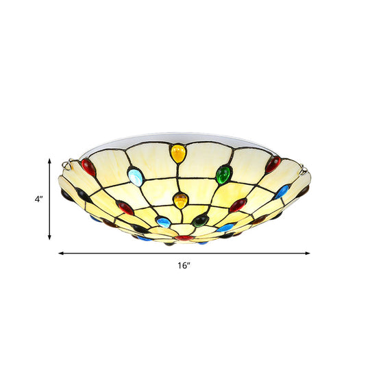 Rustic Loft Stained Glass Flush Mount Light In Beige/Yellow - 12/16/19.5 Diameter Bedroom Ceiling