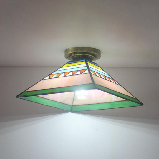 Stained Glass Mini Flush Mount Light for Kitchen - Pink/Orange Pyramid Craftsman Design