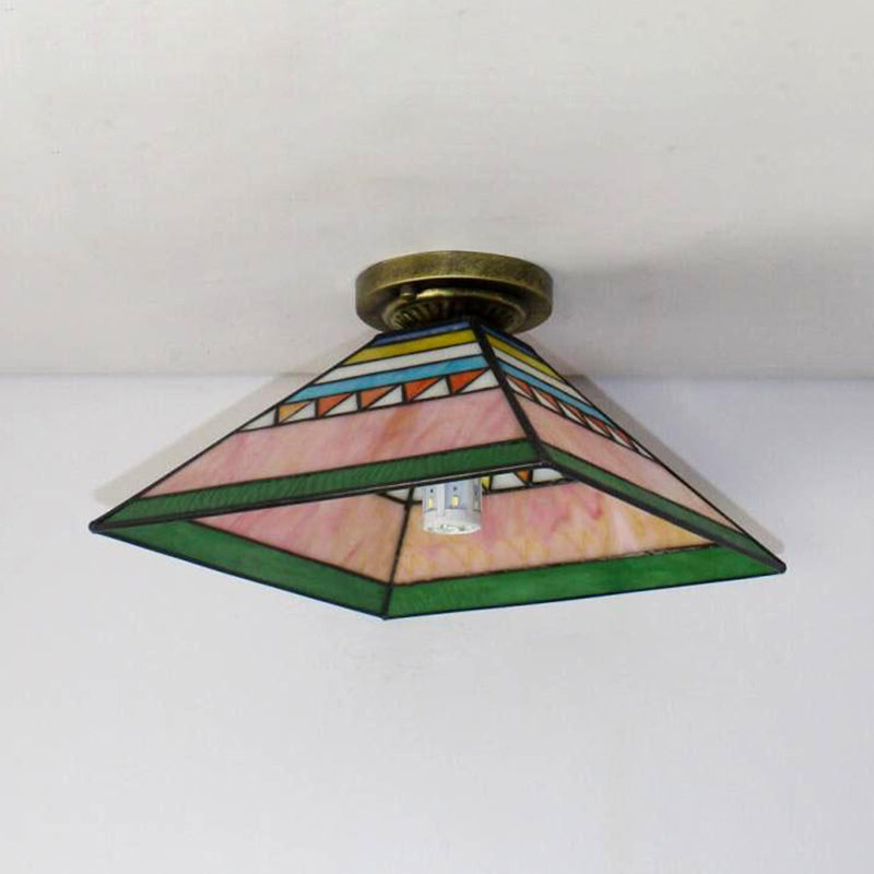 Craftsman Stained Glass Mini Flush Mount Light - Pink/Orange Pyramid Design For Kitchen Pink