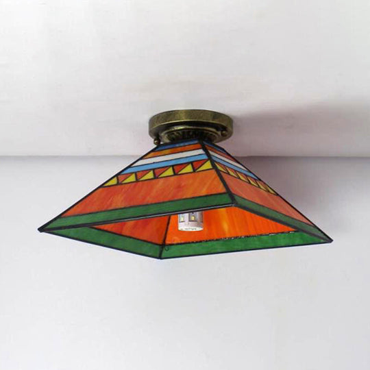 Craftsman Stained Glass Mini Flush Mount Light - Pink/Orange Pyramid Design For Kitchen Orange