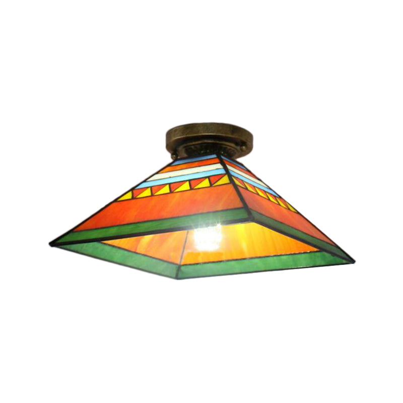 Stained Glass Mini Flush Mount Light for Kitchen - Pink/Orange Pyramid Craftsman Design