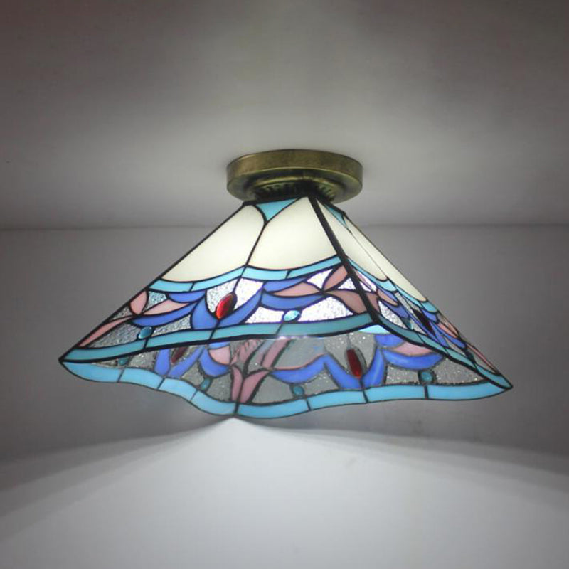 Tiffany Style Stained Glass Flush Mount Ceiling Light in Antique Brass - 1 Light Fixture