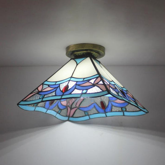 Tiffany Style Stained Glass Flush Mount Ceiling Light In Antique Brass - 1 Fixture