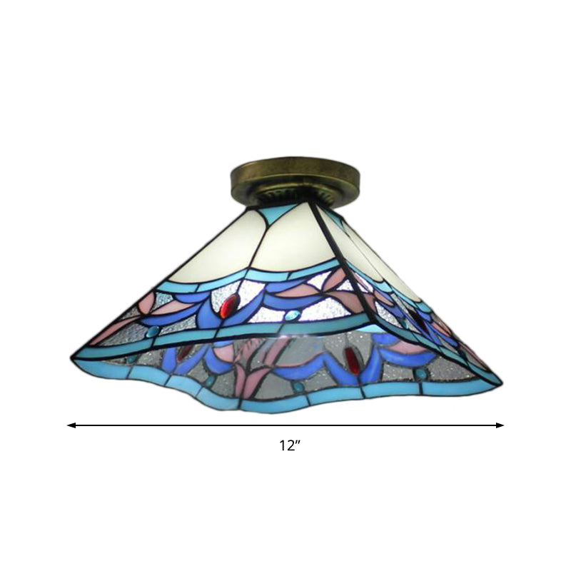 Tiffany Style Stained Glass Flush Mount Ceiling Light in Antique Brass - 1 Light Fixture