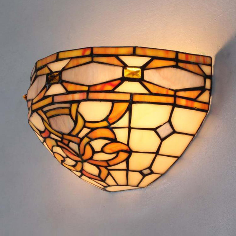 Baroque Stained Glass Wall Sconce - Purple And Yellow 1 Head Mount Light For Staircase