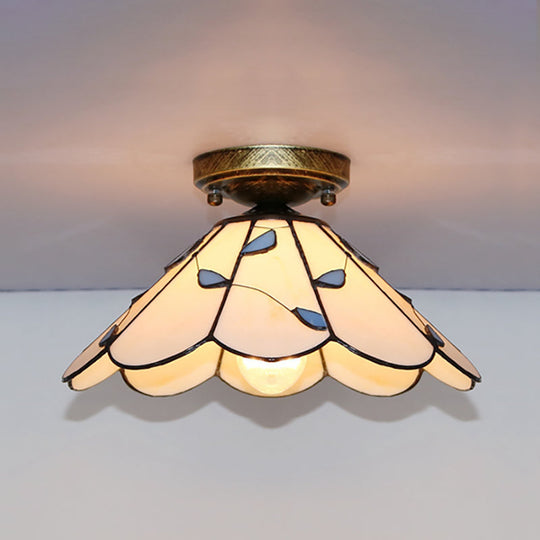 Blue Leaf Lodge Style Indoor Flush Mount Ceiling Light - Stained Glass, White/Clear - for Bedroom