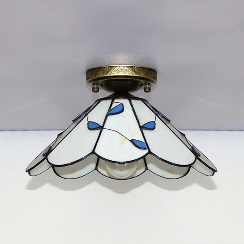 Blue Leaf Lodge Style Indoor Flush Mount Ceiling Light - Stained Glass, White/Clear - for Bedroom