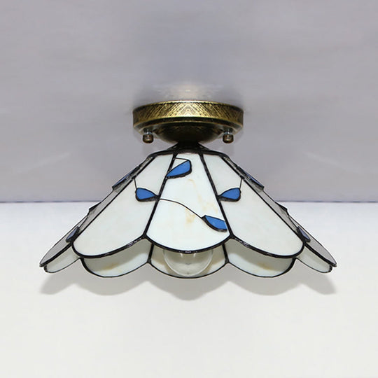 Blue Leaf Lodge Style Indoor Flush Mount Ceiling Light - Stained Glass White/Clear For Bedroom