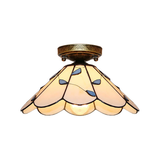 Blue Leaf Lodge Style Indoor Flush Mount Ceiling Light - Stained Glass, White/Clear - for Bedroom