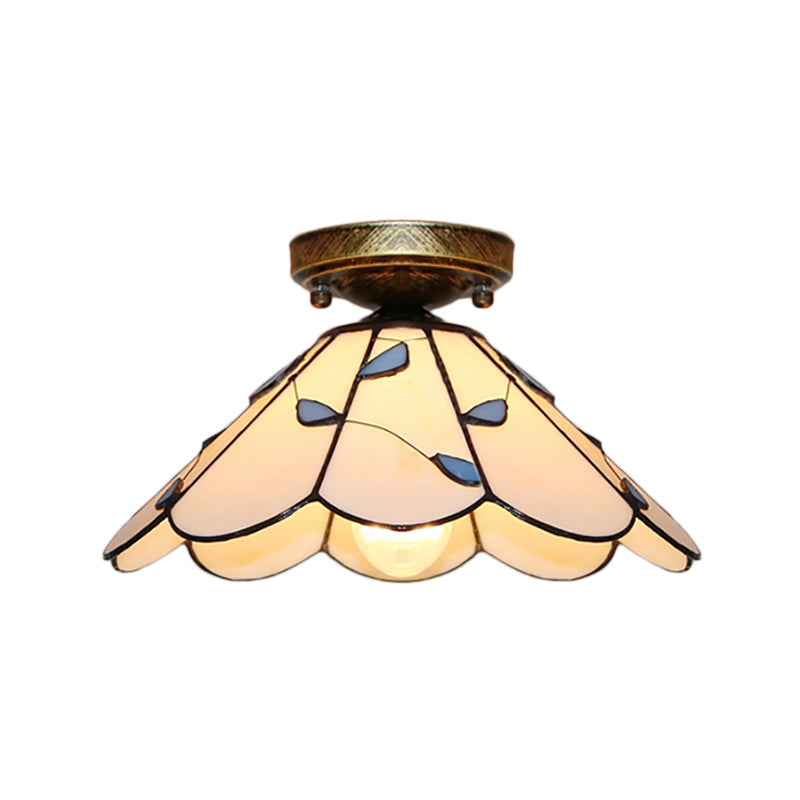 Blue Leaf Lodge Style Indoor Flush Mount Ceiling Light - Stained Glass White/Clear For Bedroom