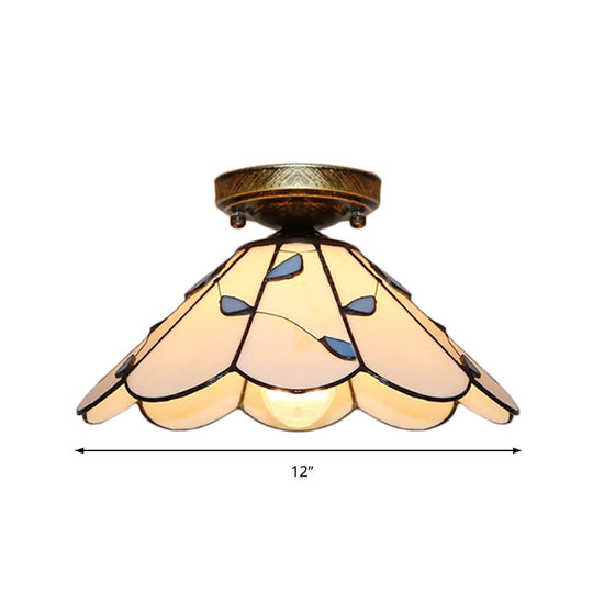 Blue Leaf Lodge Style Indoor Flush Mount Ceiling Light - Stained Glass, White/Clear - for Bedroom