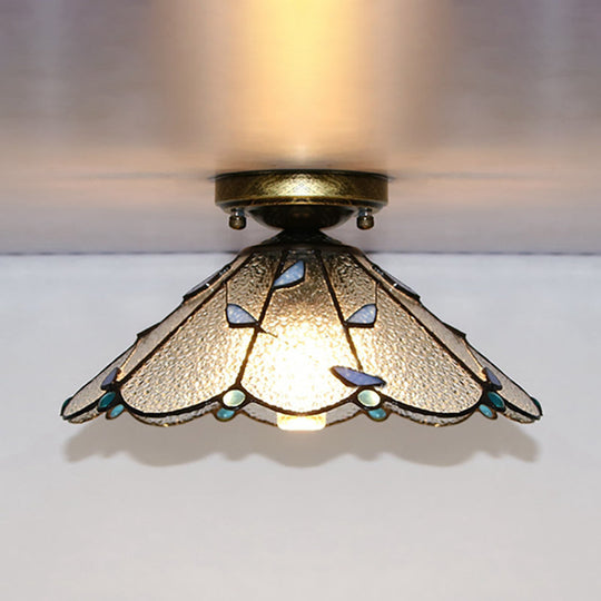 Blue Leaf Lodge Style Indoor Flush Mount Ceiling Light - Stained Glass, White/Clear - for Bedroom