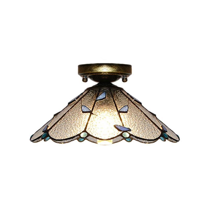 Blue Leaf Lodge Style Indoor Flush Mount Ceiling Light - Stained Glass, White/Clear - for Bedroom